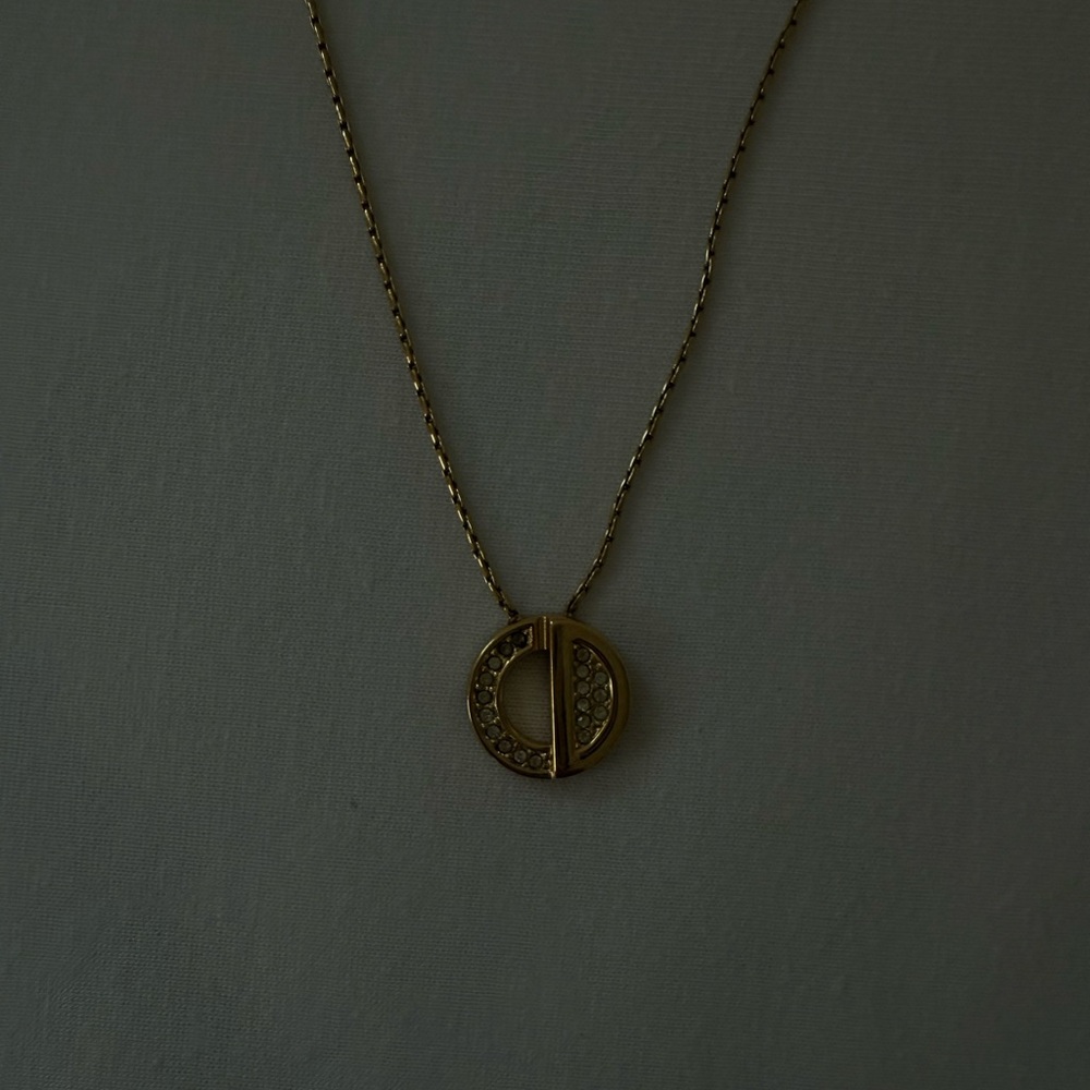 Christian Dior pendant rhinestone logo gold necklace